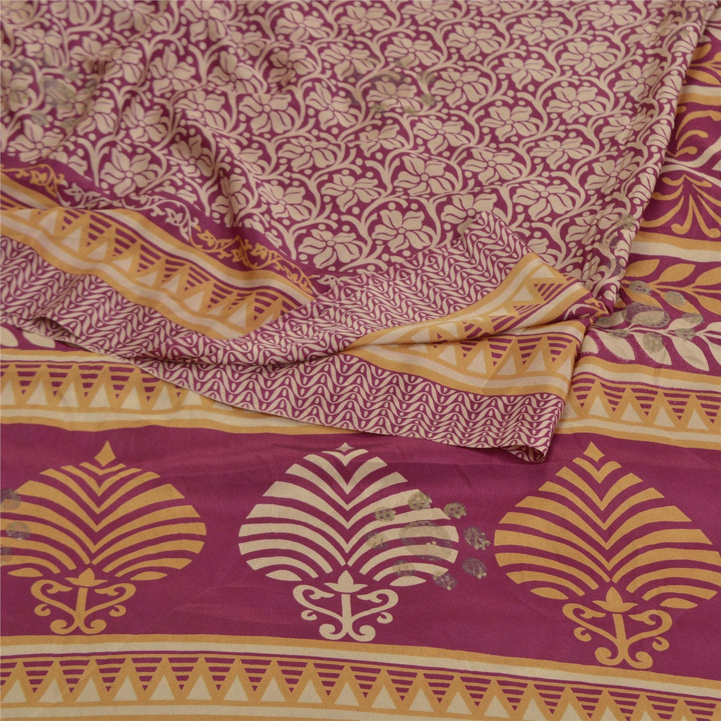 Sanskriti Vintage Purple Sarees Moss Crepe Floral Printed Craft Sustainable Fabric Sari