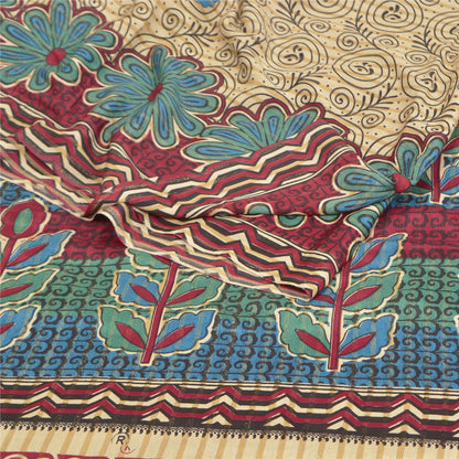Sanskriti Vintage Cream Sarees Moss Crepe Floral Printed Craft Fabric Sari