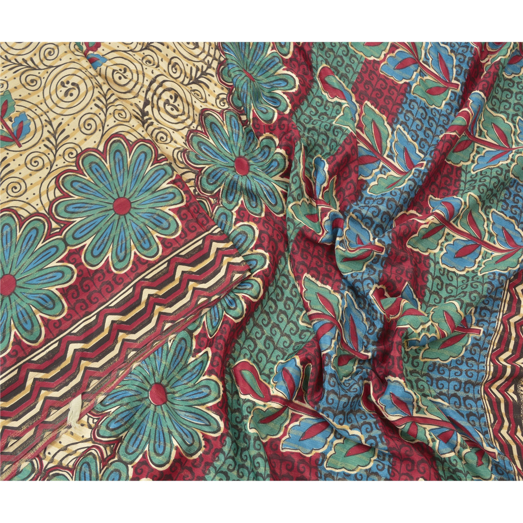 Sanskriti Vintage Cream Sarees Moss Crepe Floral Printed Craft Fabric Sari
