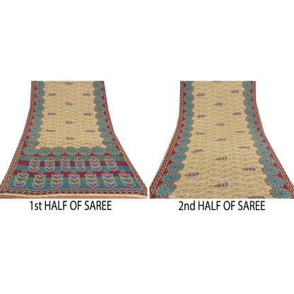 Sanskriti Vintage Cream Sarees Moss Crepe Floral Printed Craft Fabric Sari