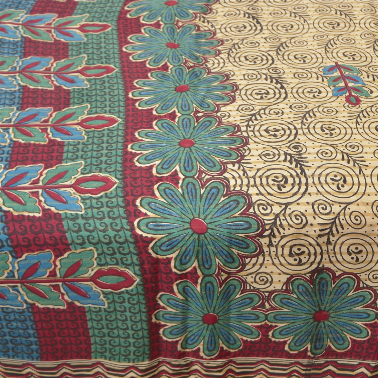 Sanskriti Vintage Cream Sarees Moss Crepe Floral Printed Craft Fabric Sari