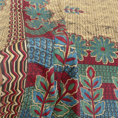 Sanskriti Vintage Cream Sarees Moss Crepe Floral Printed Craft Fabric Sari