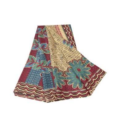 Sanskriti Vintage Cream Sarees Moss Crepe Floral Printed Craft Fabric Sari