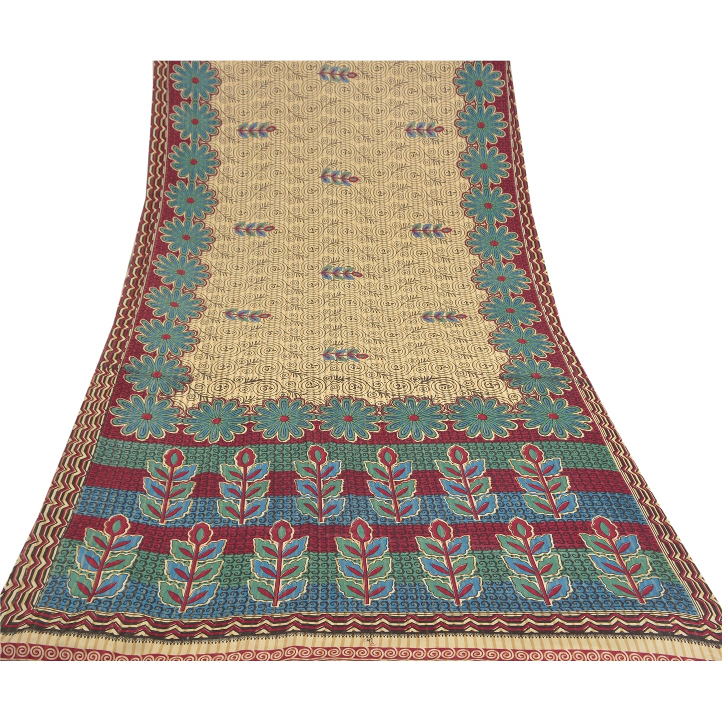 Sanskriti Vintage Cream Sarees Moss Crepe Floral Printed Craft Fabric Sari