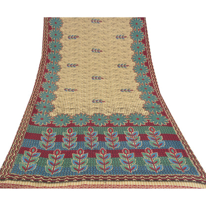 Sanskriti Vintage Cream Sarees Moss Crepe Floral Printed Craft Fabric Sari