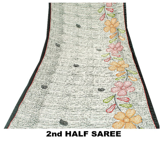 Sanskriti Vintage Grey Sarees Moss Crepe Printed Sari Decor 5 Yard Craft Sustainable Fabric