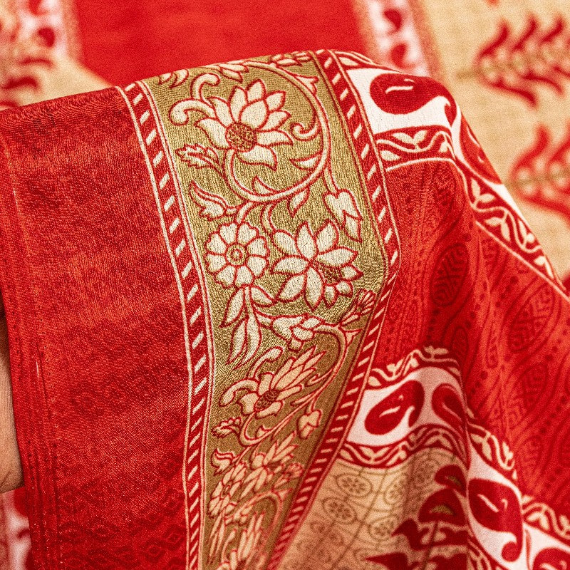 Sanskriti Vintage Red Sarees Moss Crepe Floral Printed Craft Sustainable Fabric Sari