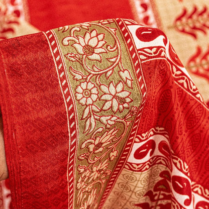 Sanskriti Vintage Red Sarees Moss Crepe Floral Printed Craft Sustainable Fabric Sari