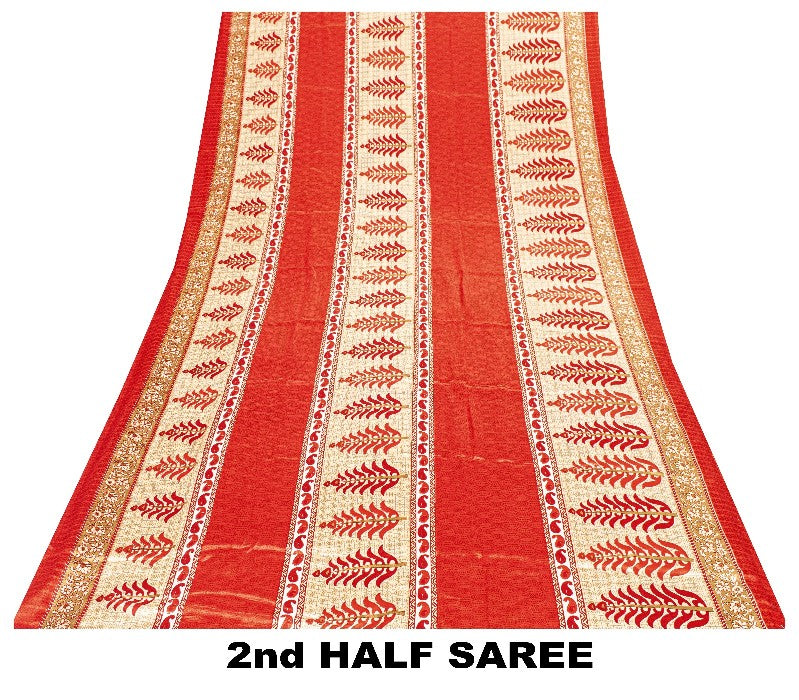 Sanskriti Vintage Red Sarees Moss Crepe Floral Printed Craft Sustainable Fabric Sari