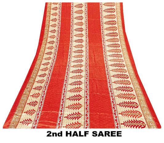 Sanskriti Vintage Red Sarees Moss Crepe Floral Printed Craft Sustainable Fabric Sari