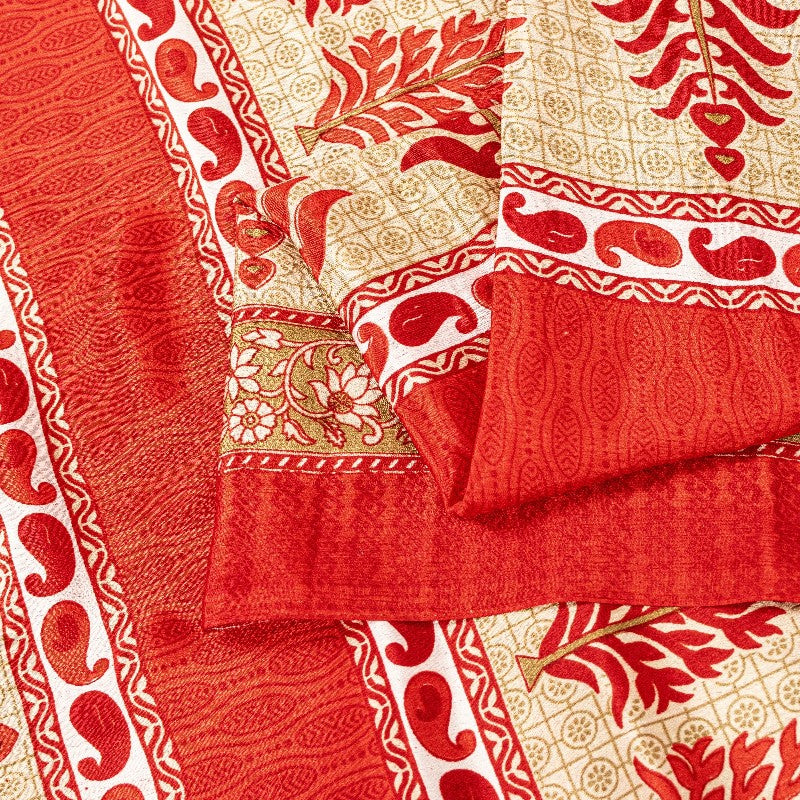 Sanskriti Vintage Red Sarees Moss Crepe Floral Printed Craft Sustainable Fabric Sari