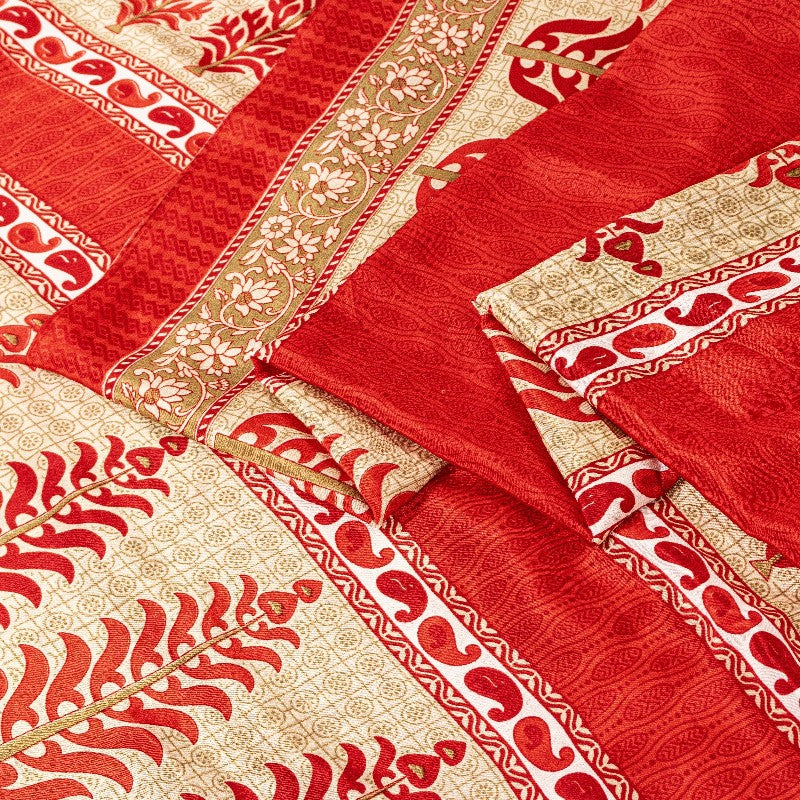 Sanskriti Vintage Red Sarees Moss Crepe Floral Printed Craft Sustainable Fabric Sari