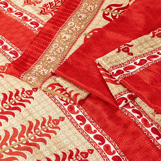 Sanskriti Vintage Red Sarees Moss Crepe Floral Printed Craft Sustainable Fabric Sari