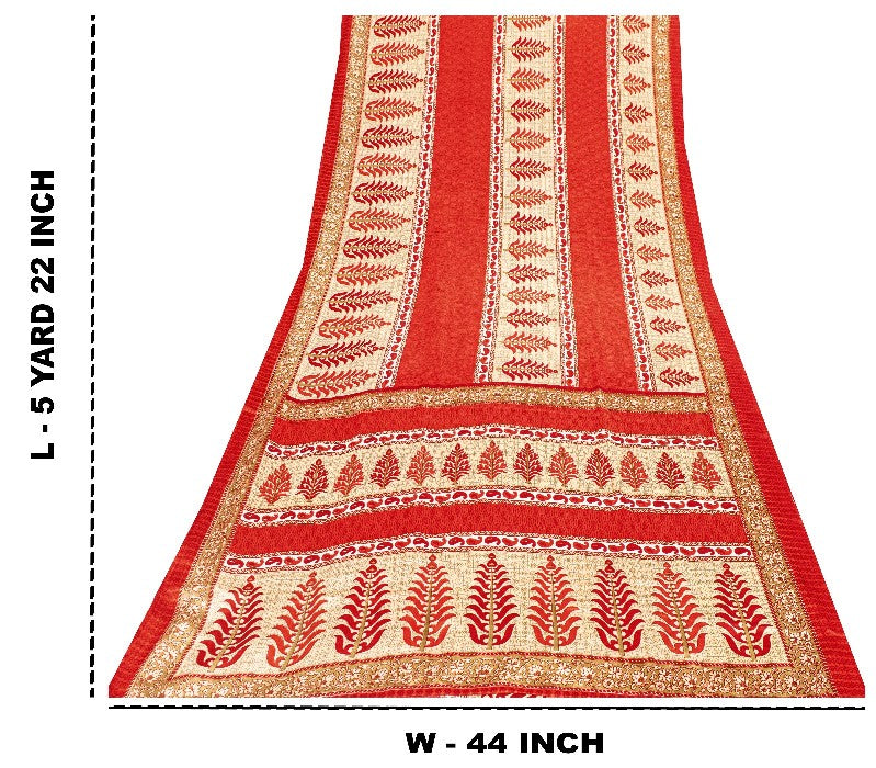Sanskriti Vintage Red Sarees Moss Crepe Floral Printed Craft Sustainable Fabric Sari