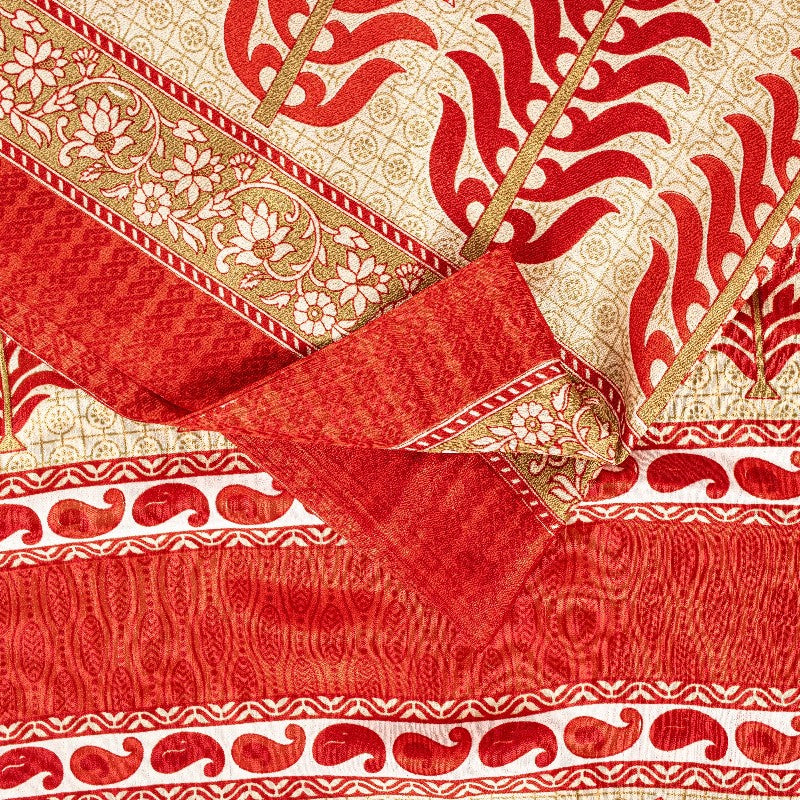 Sanskriti Vintage Red Sarees Moss Crepe Floral Printed Craft Sustainable Fabric Sari