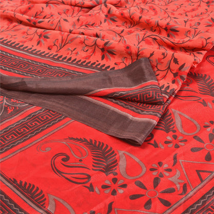 Sanskriti Vintage Red Sarees Moss Crepe Floral Printed Craft Fabric Sari