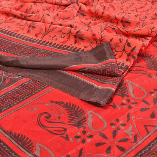 Sanskriti Vintage Red Sarees Moss Crepe Floral Printed Craft Fabric Sari
