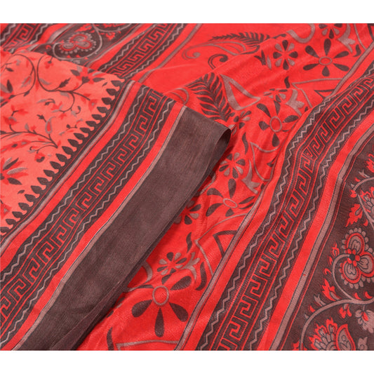 Sanskriti Vintage Red Sarees Moss Crepe Floral Printed Craft Fabric Sari