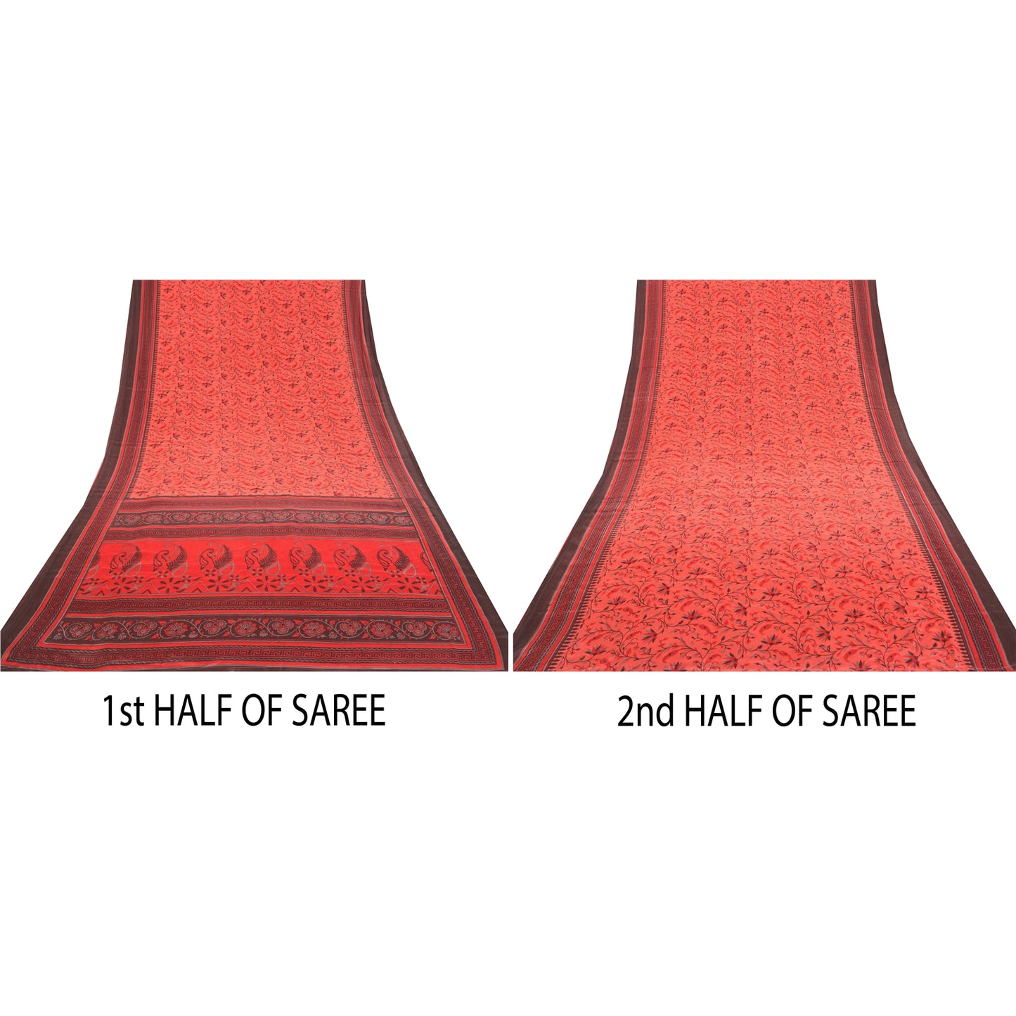 Sanskriti Vintage Red Sarees Moss Crepe Floral Printed Craft Fabric Sari