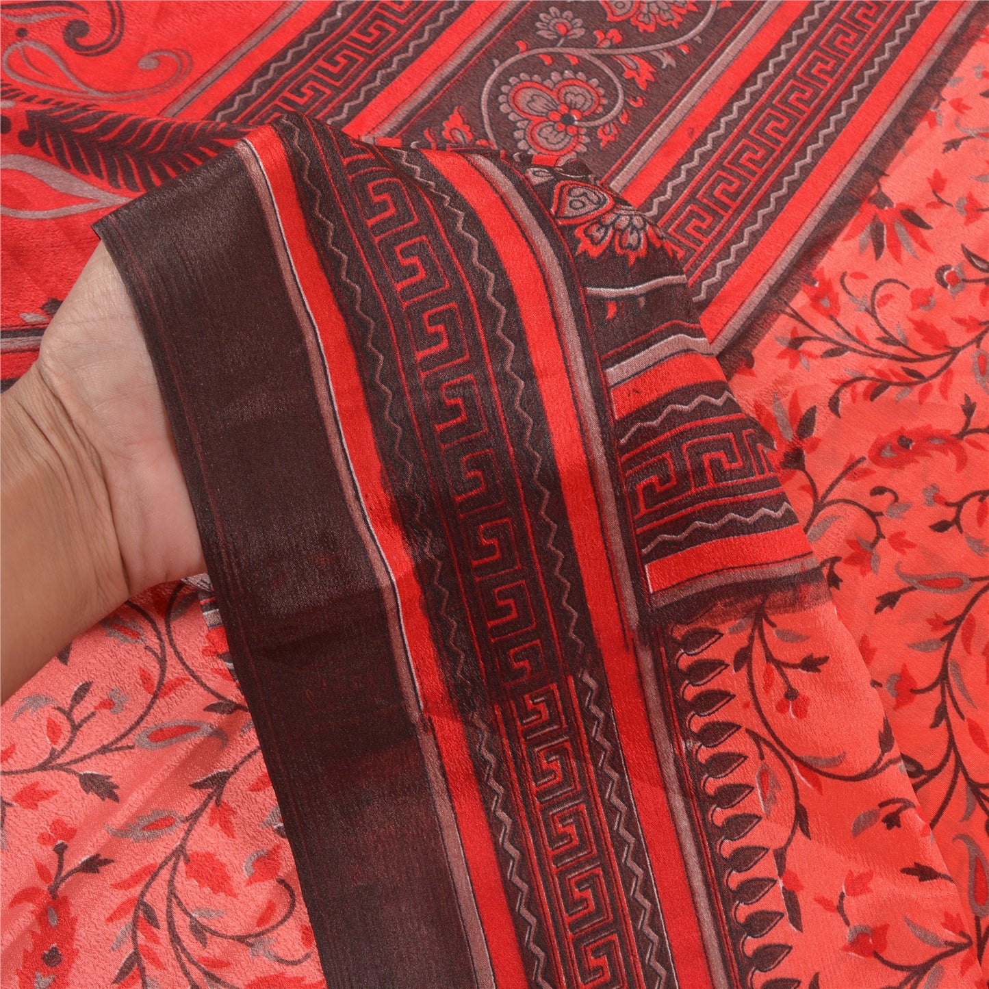 Sanskriti Vintage Red Sarees Moss Crepe Floral Printed Craft Fabric Sari