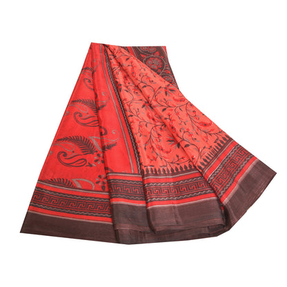 Sanskriti Vintage Red Sarees Moss Crepe Floral Printed Craft Fabric Sari