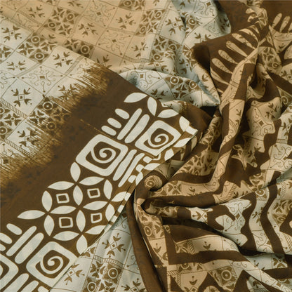 Sanskriti Vintage Brown Sarees Moss Crepe Printed Sari 5 Yard Craft Soft Fabric