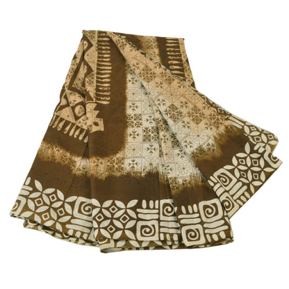 Sanskriti Vintage Brown Sarees Moss Crepe Printed Sari 5 Yard Craft Soft Fabric