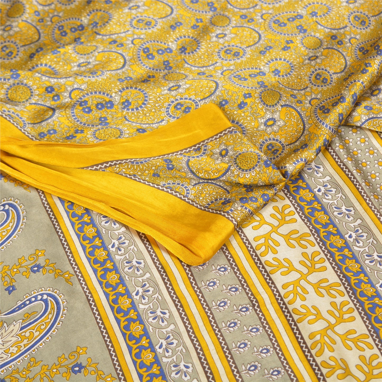 Sanskriti Vintage Yellow Sarees Moss Crepe Printed Sari Soft Floral Craft Fabric