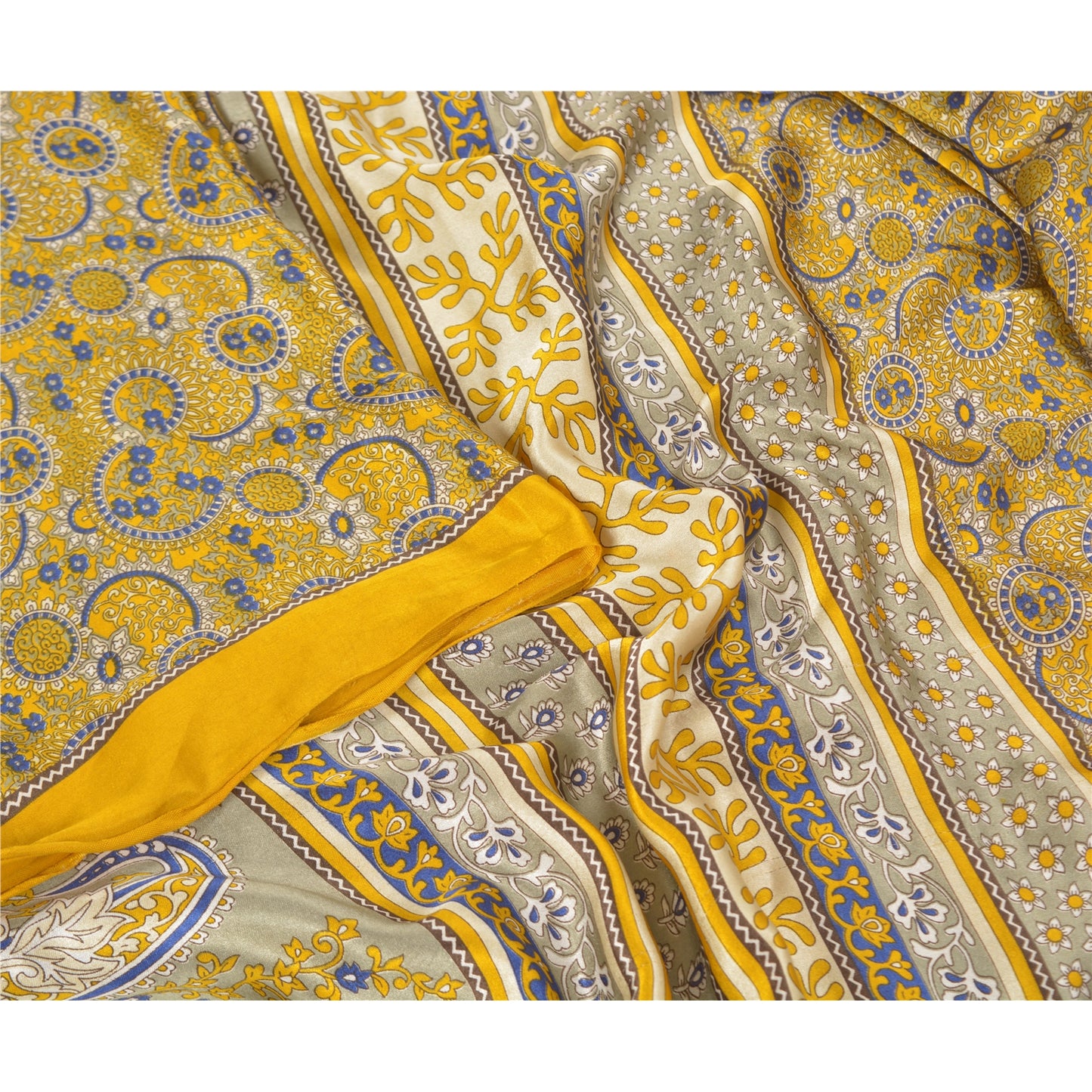Sanskriti Vintage Yellow Sarees Moss Crepe Printed Sari Soft Floral Craft Fabric