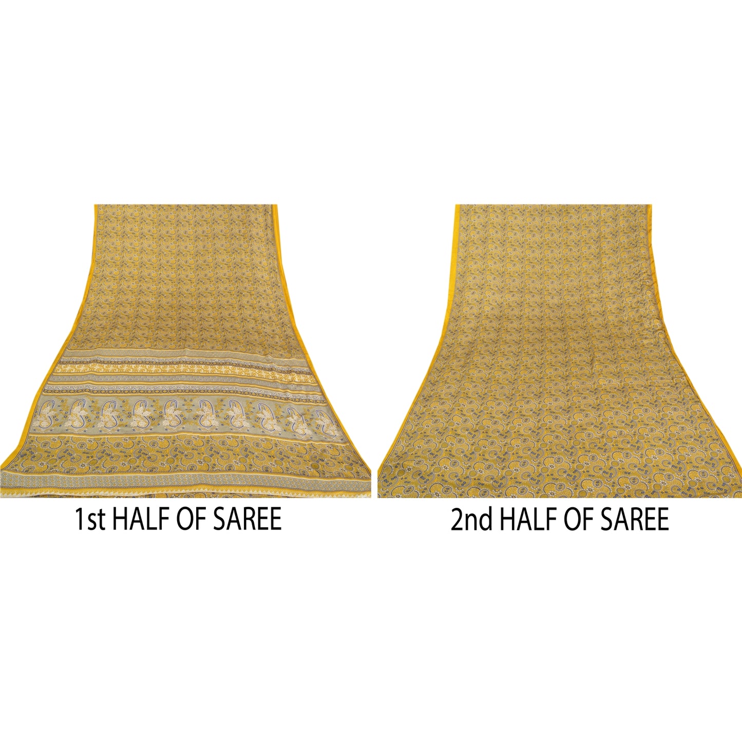 Sanskriti Vintage Yellow Sarees Moss Crepe Printed Sari Soft Floral Craft Fabric