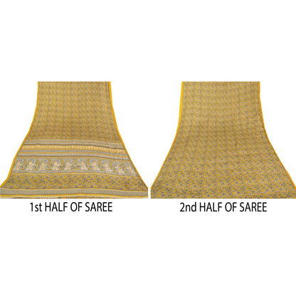 Sanskriti Vintage Yellow Sarees Moss Crepe Printed Sari Soft Floral Craft Fabric