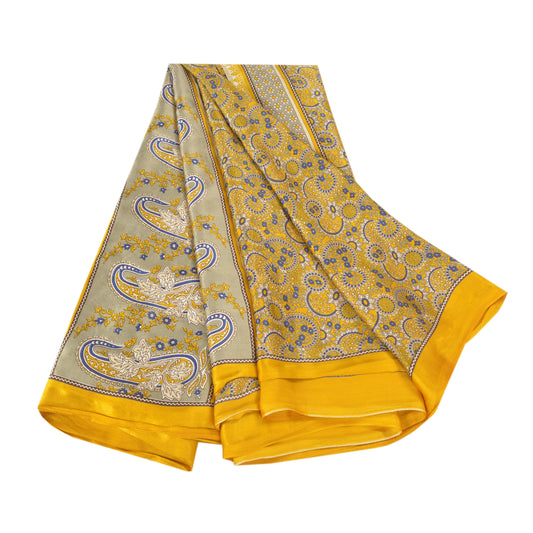 Sanskriti Vintage Yellow Sarees Moss Crepe Printed Sari Soft Floral Craft Fabric