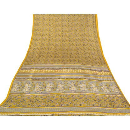 Sanskriti Vintage Yellow Sarees Moss Crepe Printed Sari Soft Floral Craft Fabric