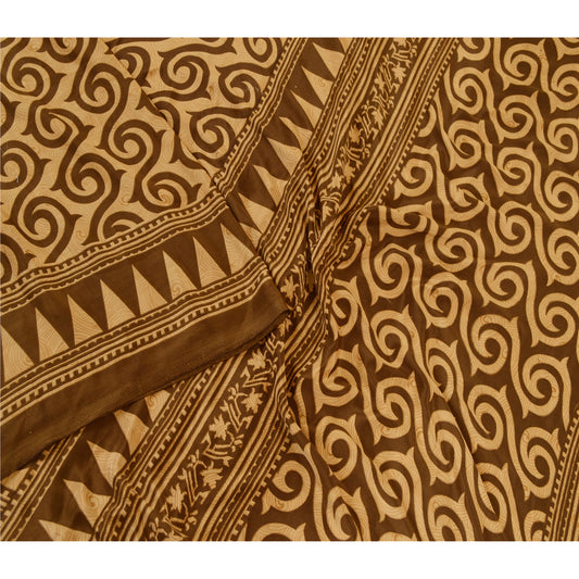 Sanskriti Vintage Brown Sarees Moss Crepe Printed Craft Fabric Sari
