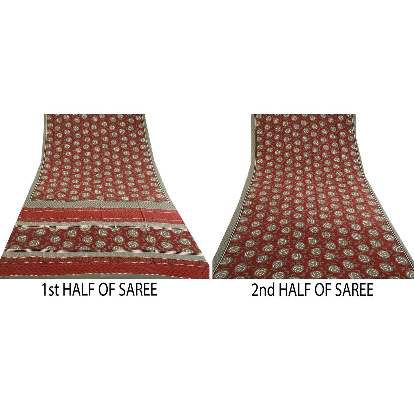 Sanskriti Vintage Red  Sarees Moss Crepe Floral Printed Craft Fabric Sari