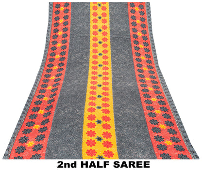 Sanskriti Vintage Gray Sarees Indian Moss Crepe Printed Sari Soft Craft Sustainable Fabric