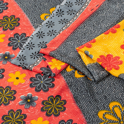 Sanskriti Vintage Gray Sarees Indian Moss Crepe Printed Sari Soft Craft Sustainable Fabric