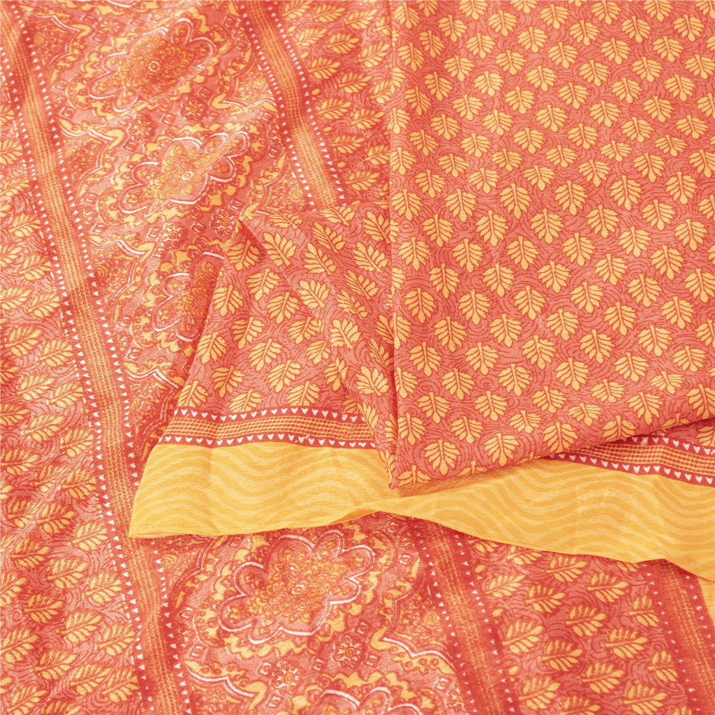 Sanskriti Vintage Red & Yellow Printed Sarees Moss Crepe Sari 5+YD Craft Fabric