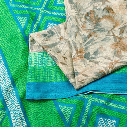 Sanskriti Vintage Gray-Green Moss Crepe Sarees Geometric Printed Sari 5YD Fabric