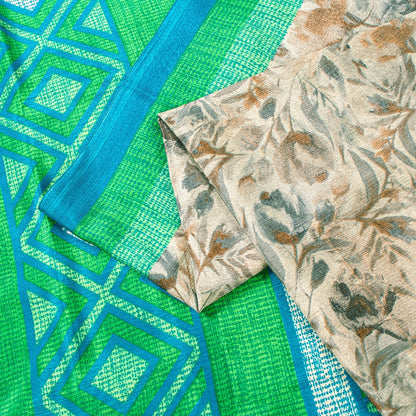 Sanskriti Vintage Gray-Green Moss Crepe Sarees Geometric Printed Sari 5YD Fabric