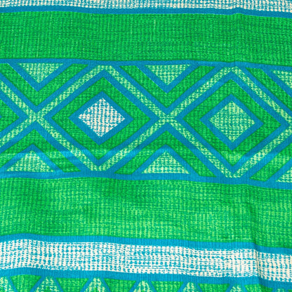 Sanskriti Vintage Gray-Green Moss Crepe Sarees Geometric Printed Sari 5YD Fabric