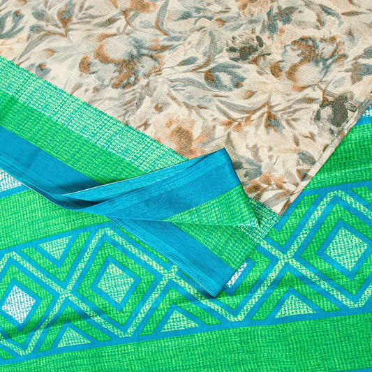 Sanskriti Vintage Gray-Green Moss Crepe Sarees Geometric Printed Sari 5YD Fabric