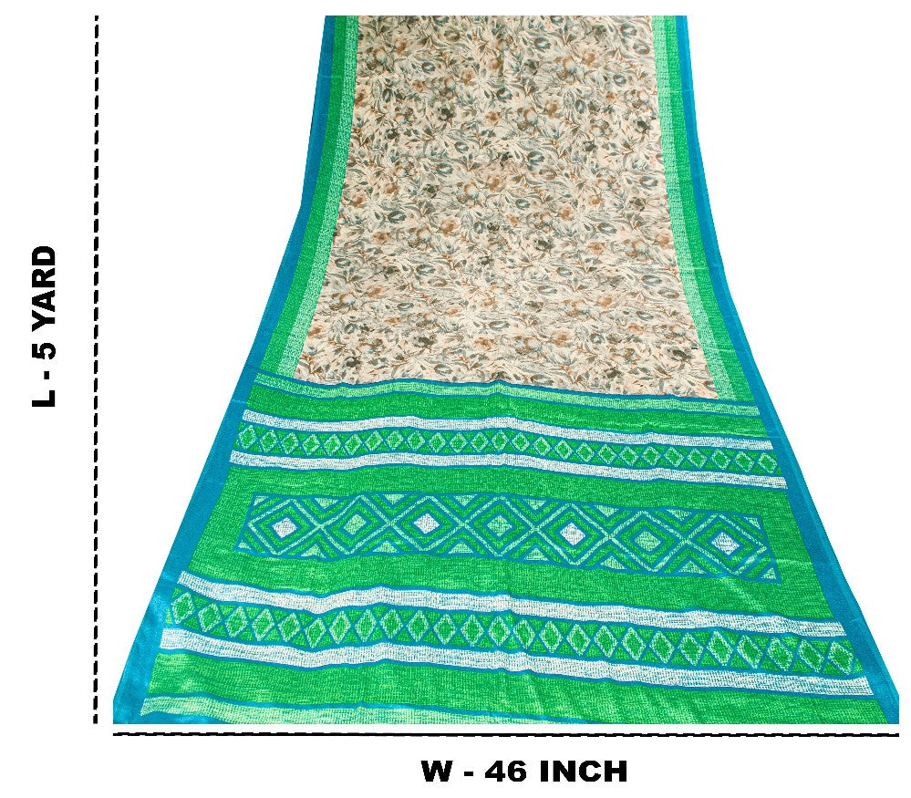 Sanskriti Vintage Gray-Green Moss Crepe Sarees Geometric Printed Sari 5YD Fabric