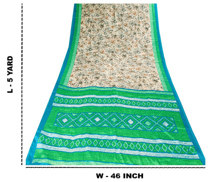 Sanskriti Vintage Gray-Green Moss Crepe Sarees Geometric Printed Sari 5YD Fabric