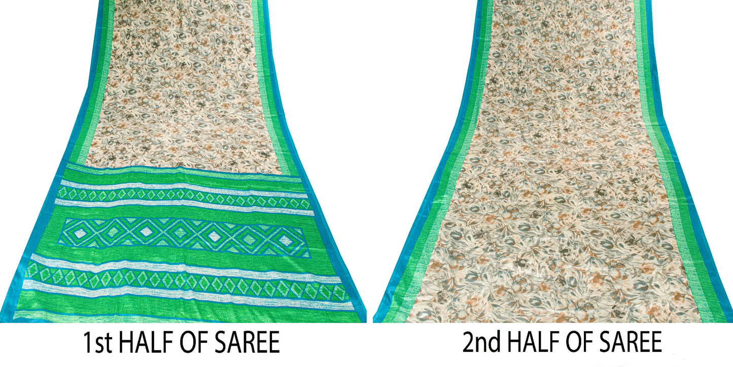 Sanskriti Vintage Gray-Green Moss Crepe Sarees Geometric Printed Sari 5YD Fabric