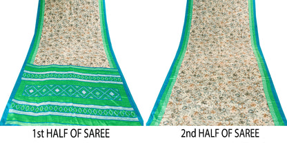Sanskriti Vintage Gray-Green Moss Crepe Sarees Geometric Printed Sari 5YD Fabric