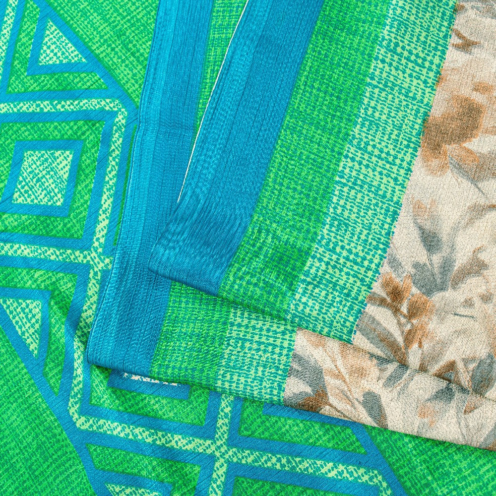 Sanskriti Vintage Gray-Green Moss Crepe Sarees Geometric Printed Sari 5YD Fabric