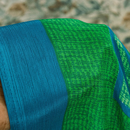 Sanskriti Vintage Gray-Green Moss Crepe Sarees Geometric Printed Sari 5YD Fabric
