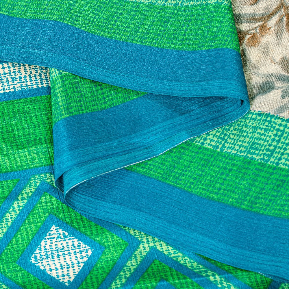 Sanskriti Vintage Gray-Green Moss Crepe Sarees Geometric Printed Sari 5YD Fabric