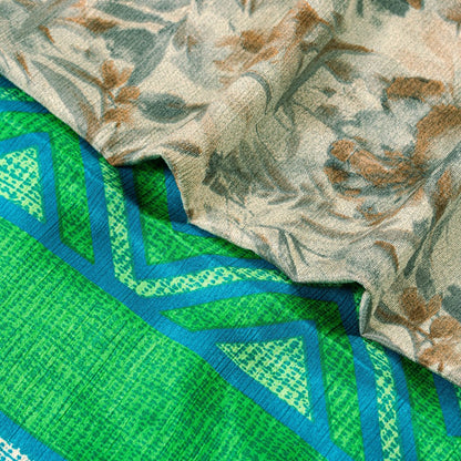 Sanskriti Vintage Gray-Green Moss Crepe Sarees Geometric Printed Sari 5YD Fabric